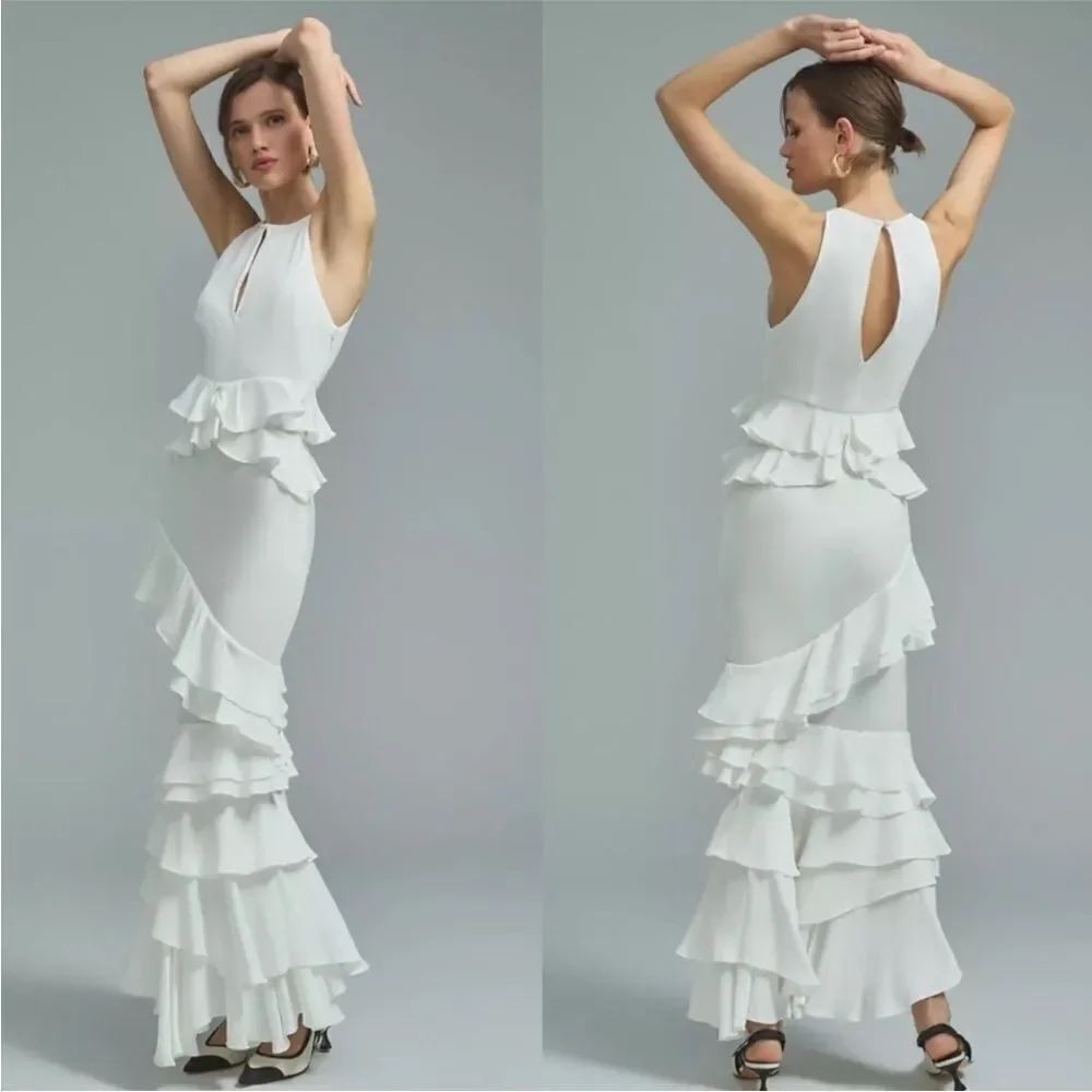 Anthropologie Forever That Girl White Tiered Ruffled Halter MaxiβDress Sz Small